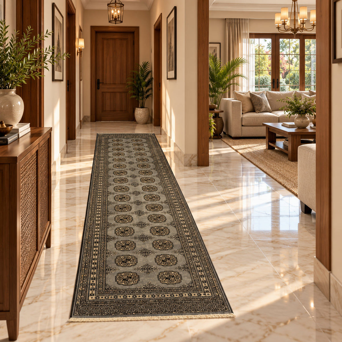 Long hallway runner rug with dark patterned border and medallion rows on a light background