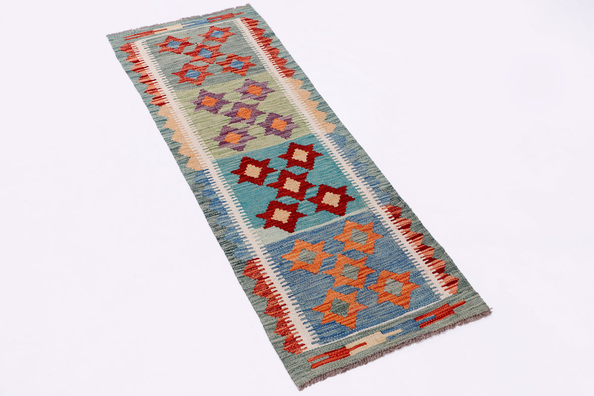 Blue kilim rug with central diamond pattern and red trim borders, 143x51 cm