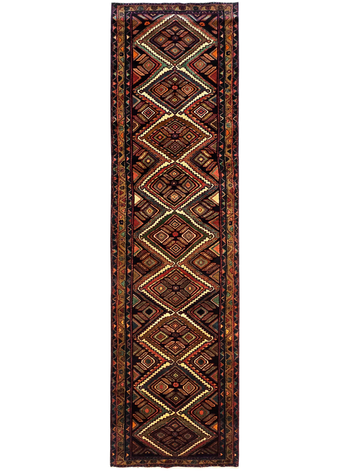 Hamedan rug with narrow rectangular field of diamond motifs framed by ornate border