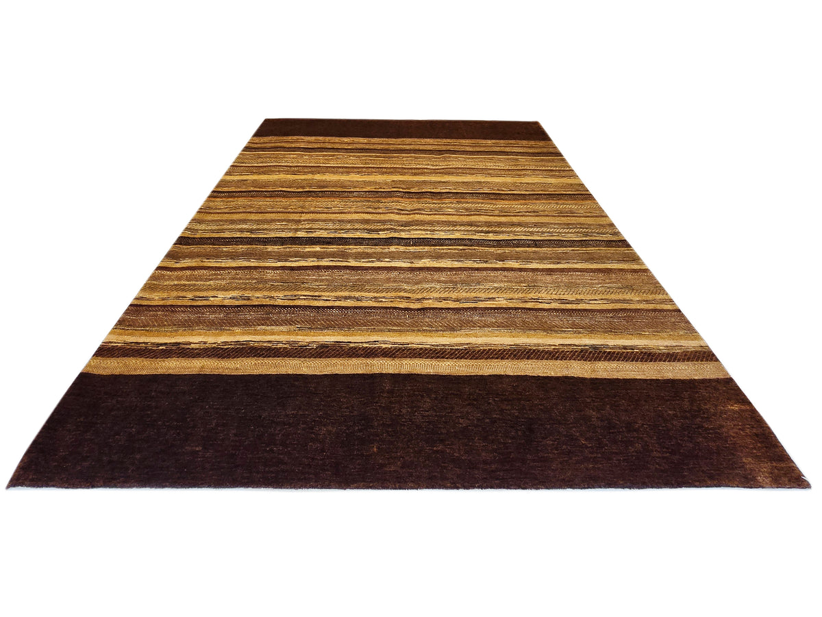 Rectangular area rug with tan and dark brown horizontal striped pattern.