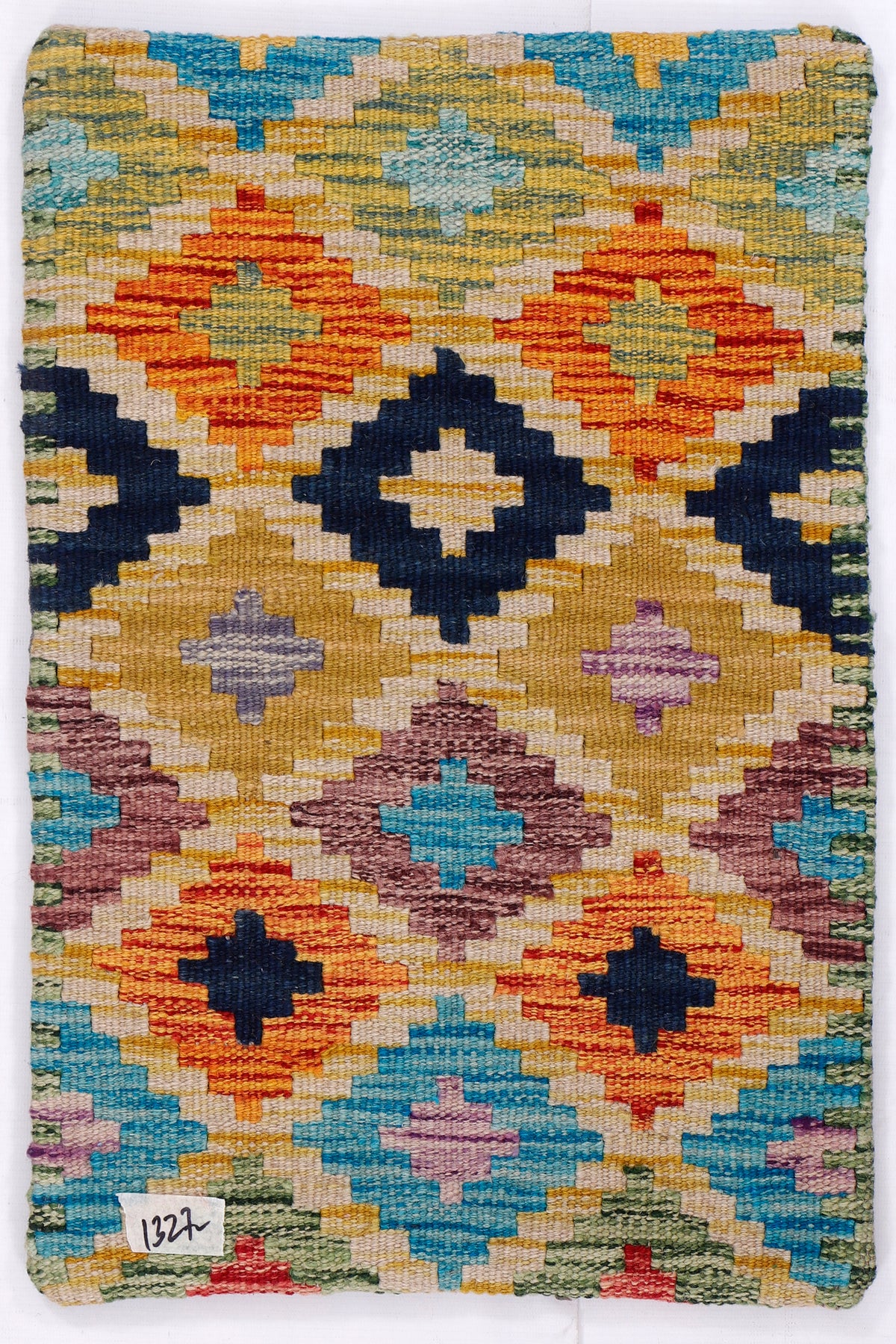 Kilim cushion cover 35x55 cm close view of multicolor geometric motif on yellow