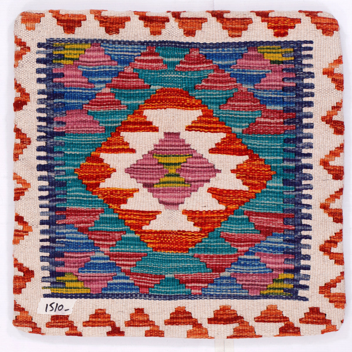 Turquoise kilim cushion cover, 45x45 cm, multicolor geometric front panel