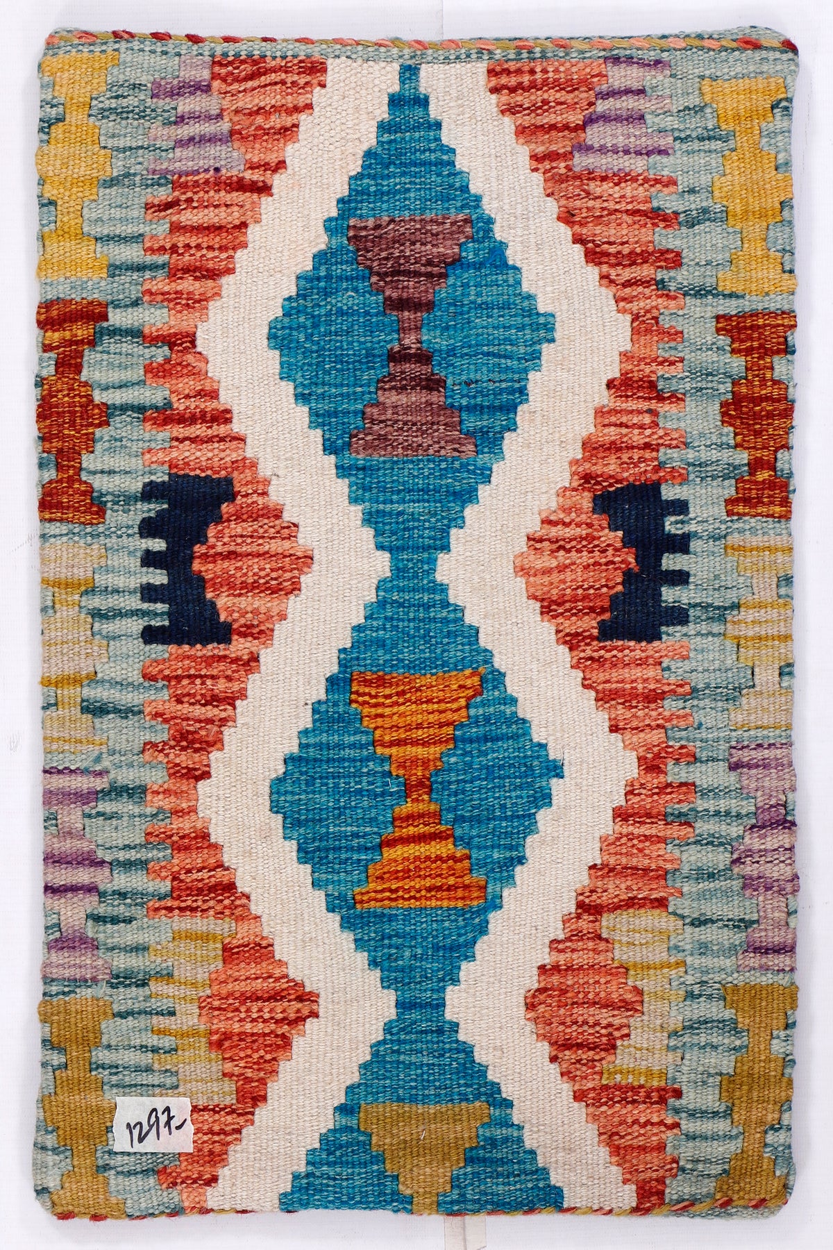 Turquoise kilim cushion cover, 35x55 cm, geometric diamond pattern in blue and orange