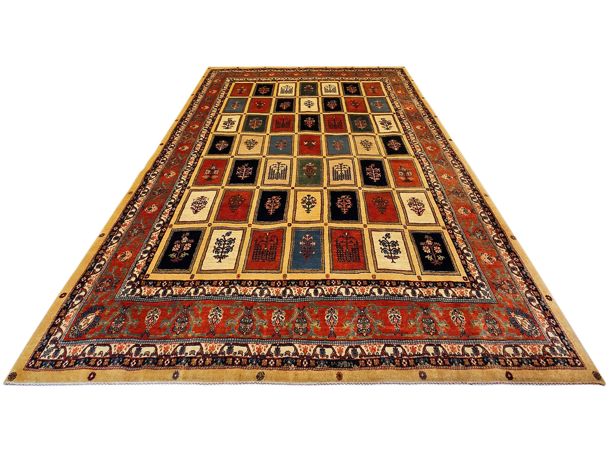 Loribaft-style rug with rectangular border and multicolor geometric medallion pattern