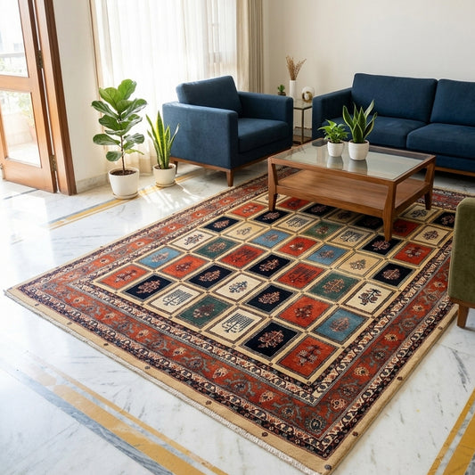 Rectangular multicolor rug with geometric square pattern in a living room setting