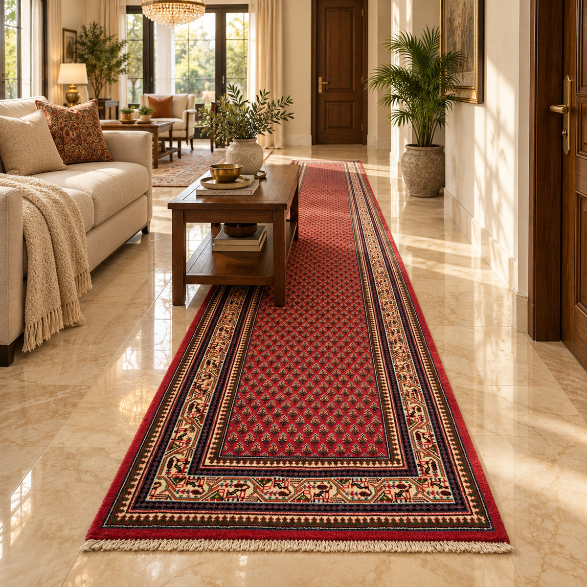 Red patterned runner rug with dark border and cream accents, full length view