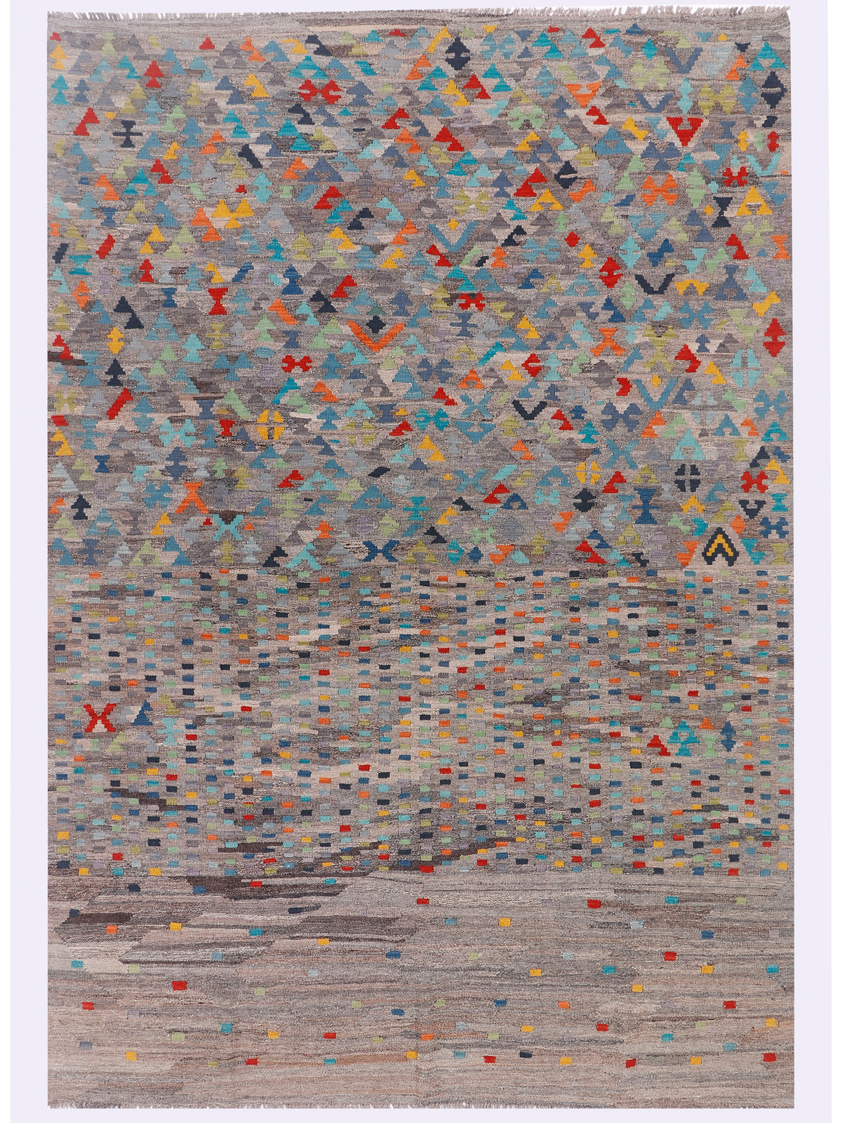Kelim rug with dense geometric multicolor pattern on gray ground, bordered edges