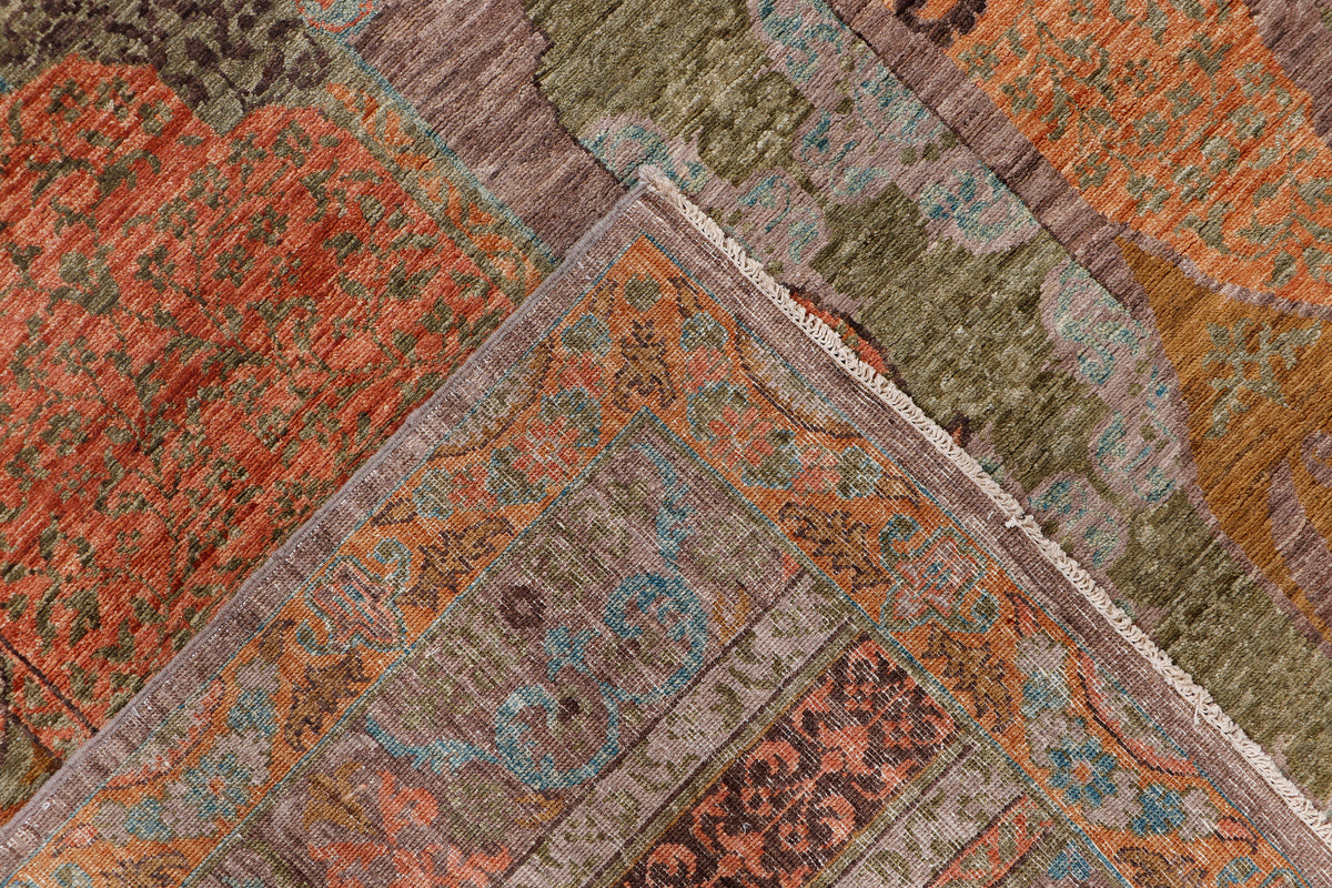 Rug corner with overstitched border and patchwork motifs; rust, teal, olive, beige.