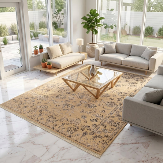 Modern rug 305x245 cm beige with blue-gray floral design and short fringe, room view