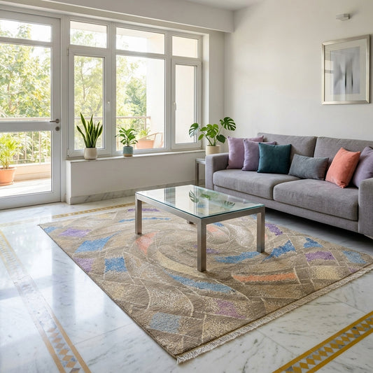 Modern abstract area rug with fringe, beige-gray swirls, and blue, purple, and orange accents
