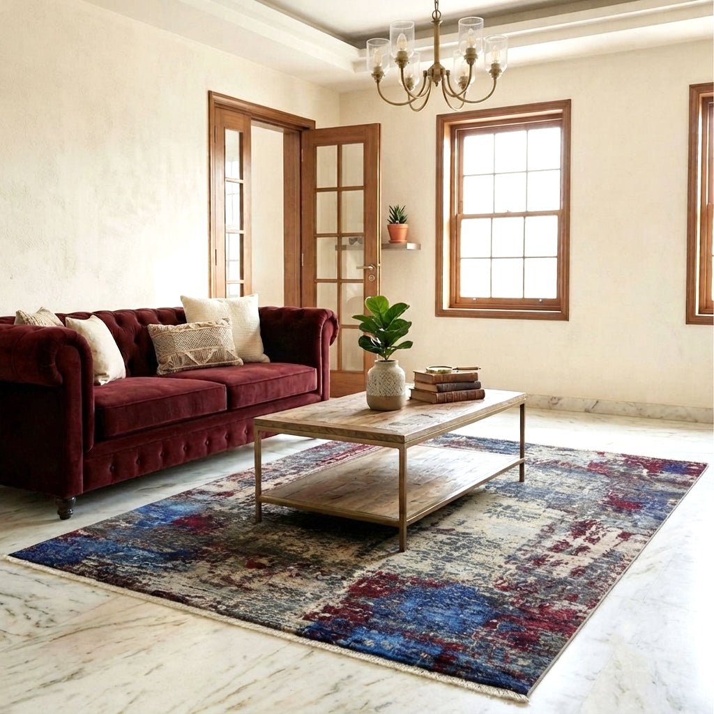 Rectangular abstract area rug with distressed blue, crimson, and white pattern