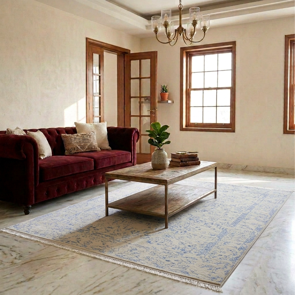 Nordic ice blue area rug with distressed floral pattern, 240x168 cm