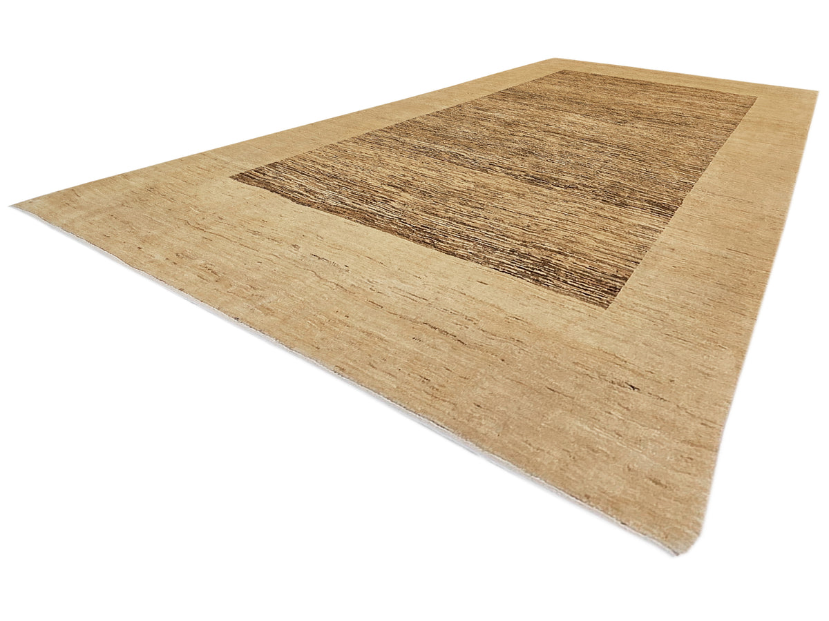 Beige and dark brown flatweave rug with rectangular center panel and border
