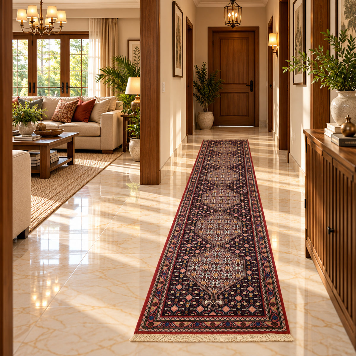 Rectangular runner rug on floor with dark pattern, red border, and diamond motif center, fringe.