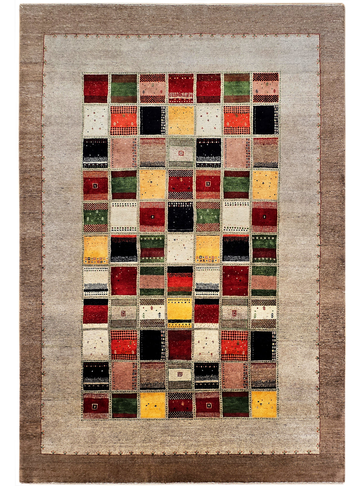 Loribaft rug with beige field and multicolor patchwork grid, rectangular border
