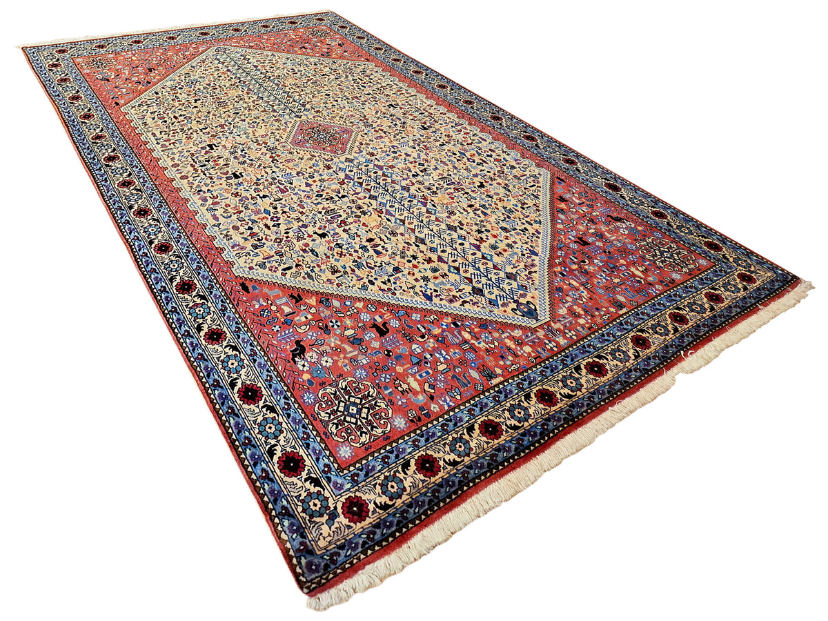 200x300 cm rug with cream central panel, red accents, navy ornamental border and fringe