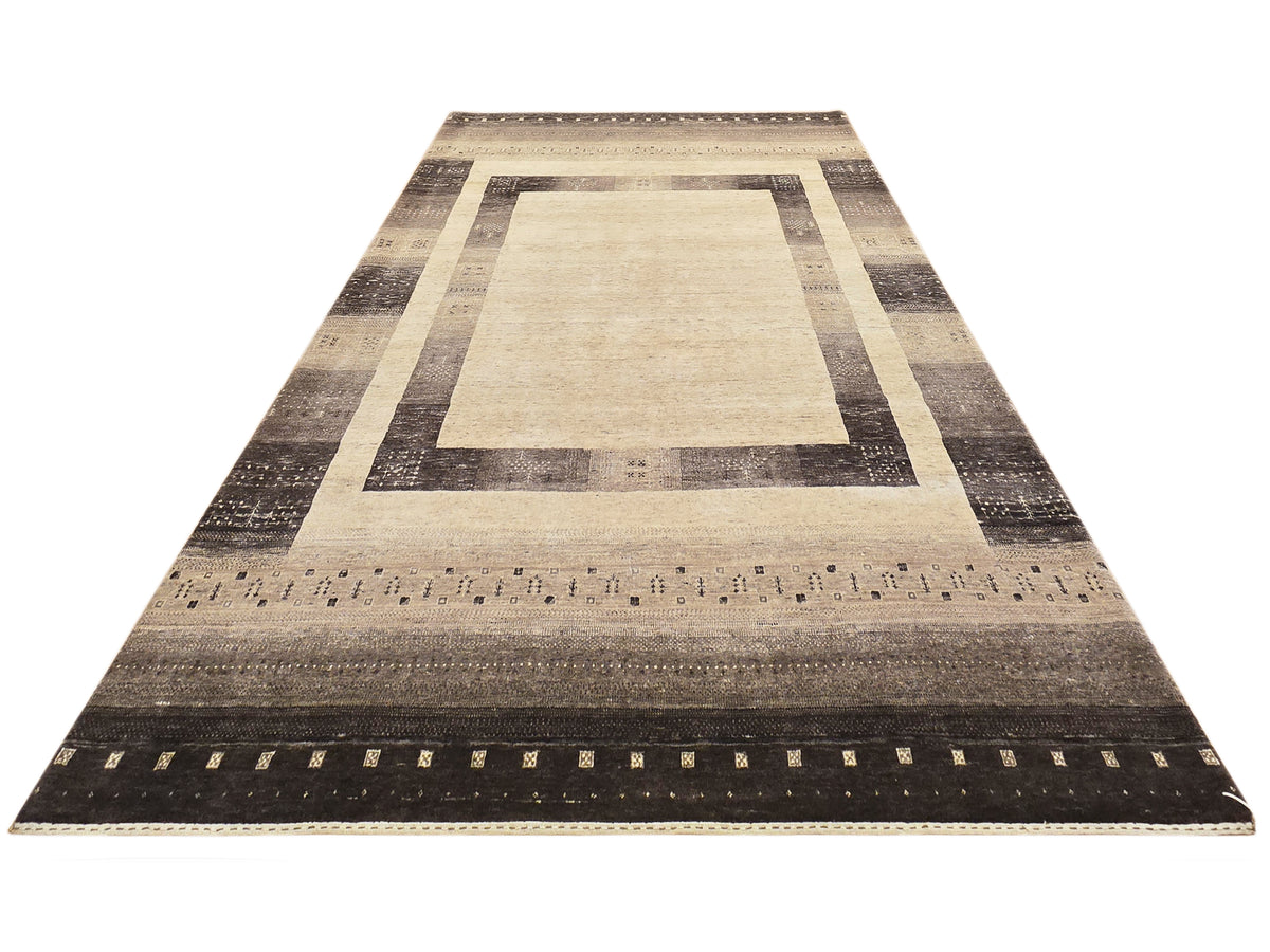 Rectangular rug with beige central panel, dark brown border and geometric stripes