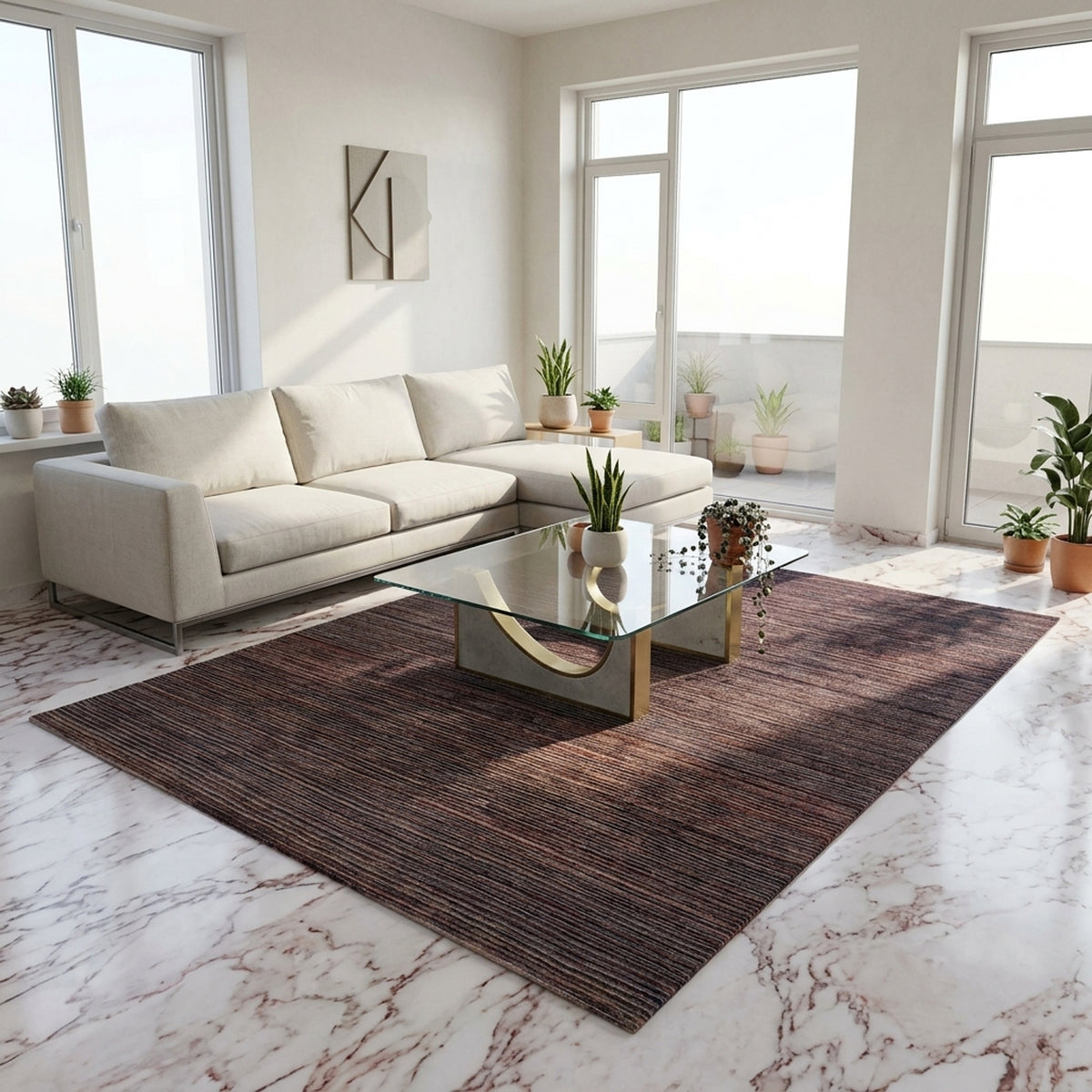 Brown striped area rug with fine linear texture and flat woven look.