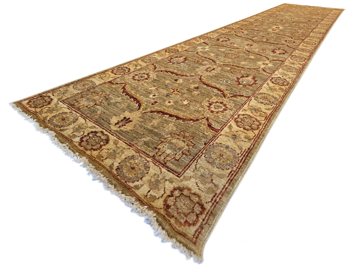 Vintage runner rug, beige with rust floral and medallion pattern, fringed ends
