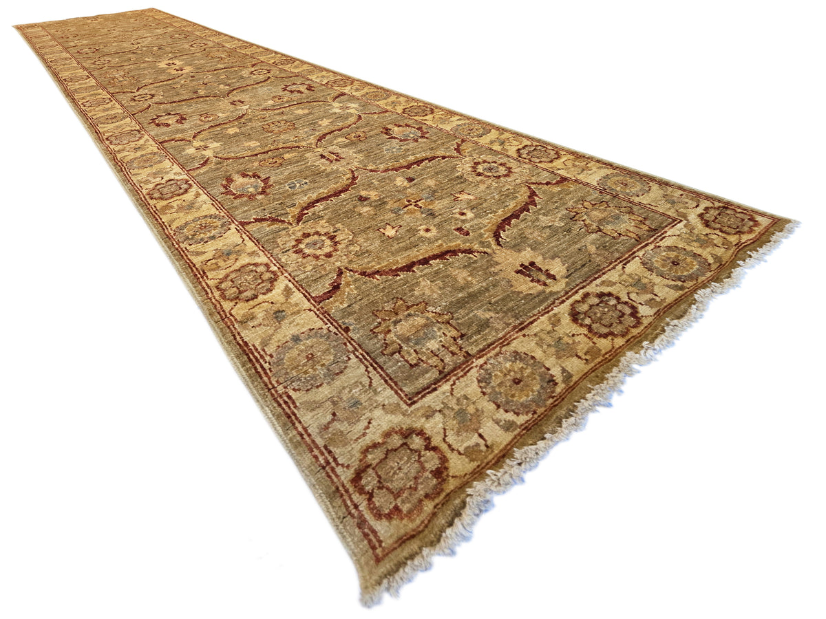 Vintage runner rug, beige and rust ornate geometric floral pattern, fringed edges