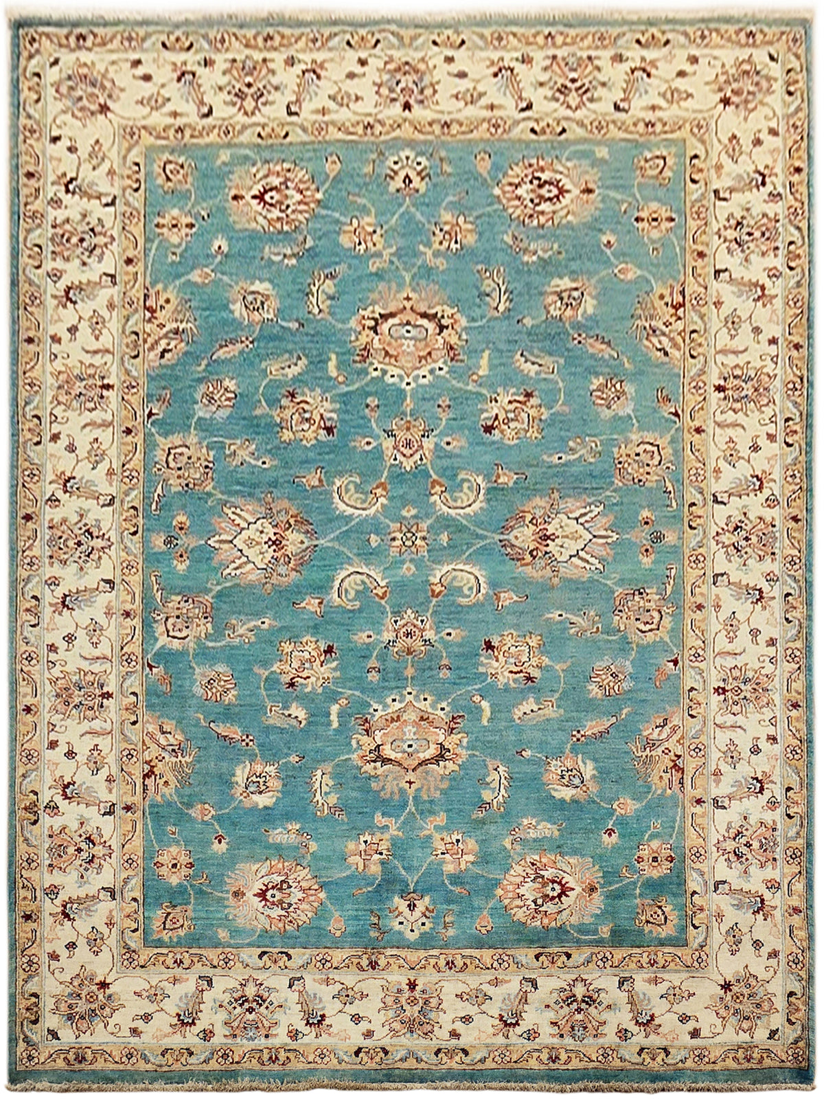 Turquoise oriental-style rug with cream ornate border and central medallion, fringed edges