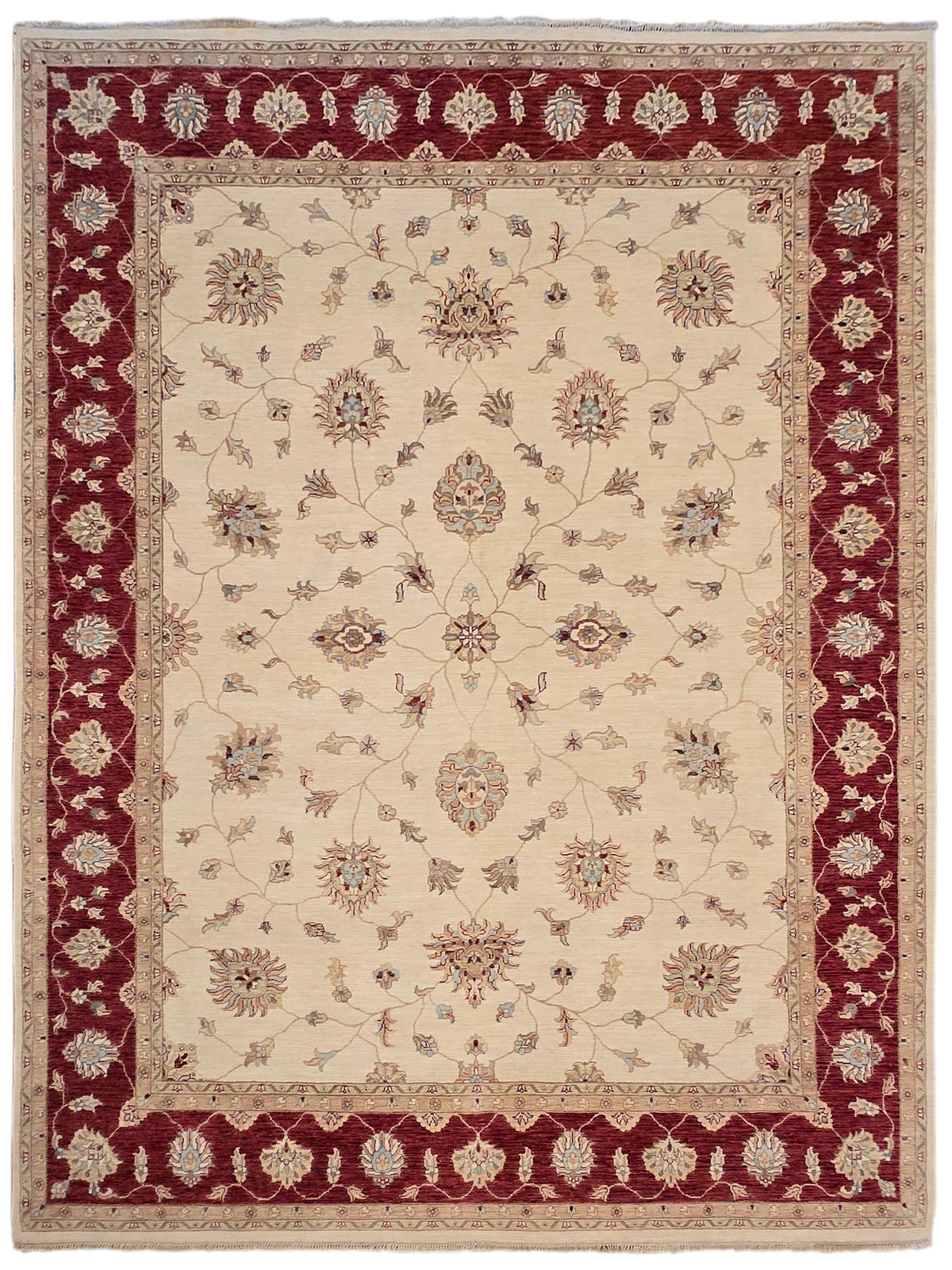 Rectangular rug with cream field filled with small floral rosettes, burgundy border