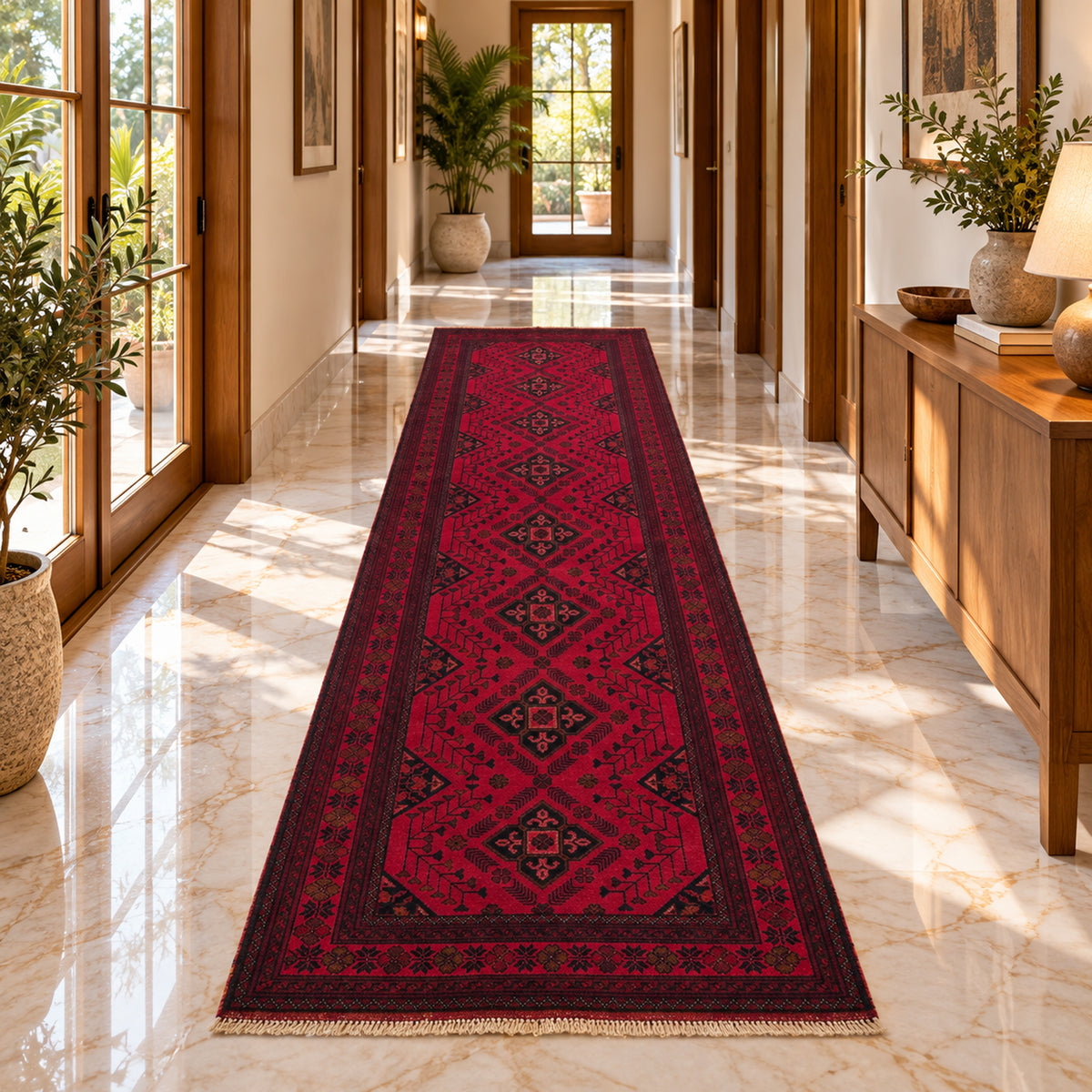 Red geometric rug runner with central diamond motifs and fringed ends
