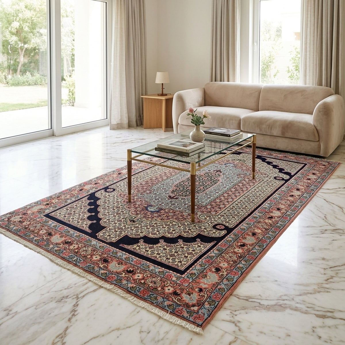 Large rectangular area rug with dark navy frame and red, cream, blue ornamental pattern.