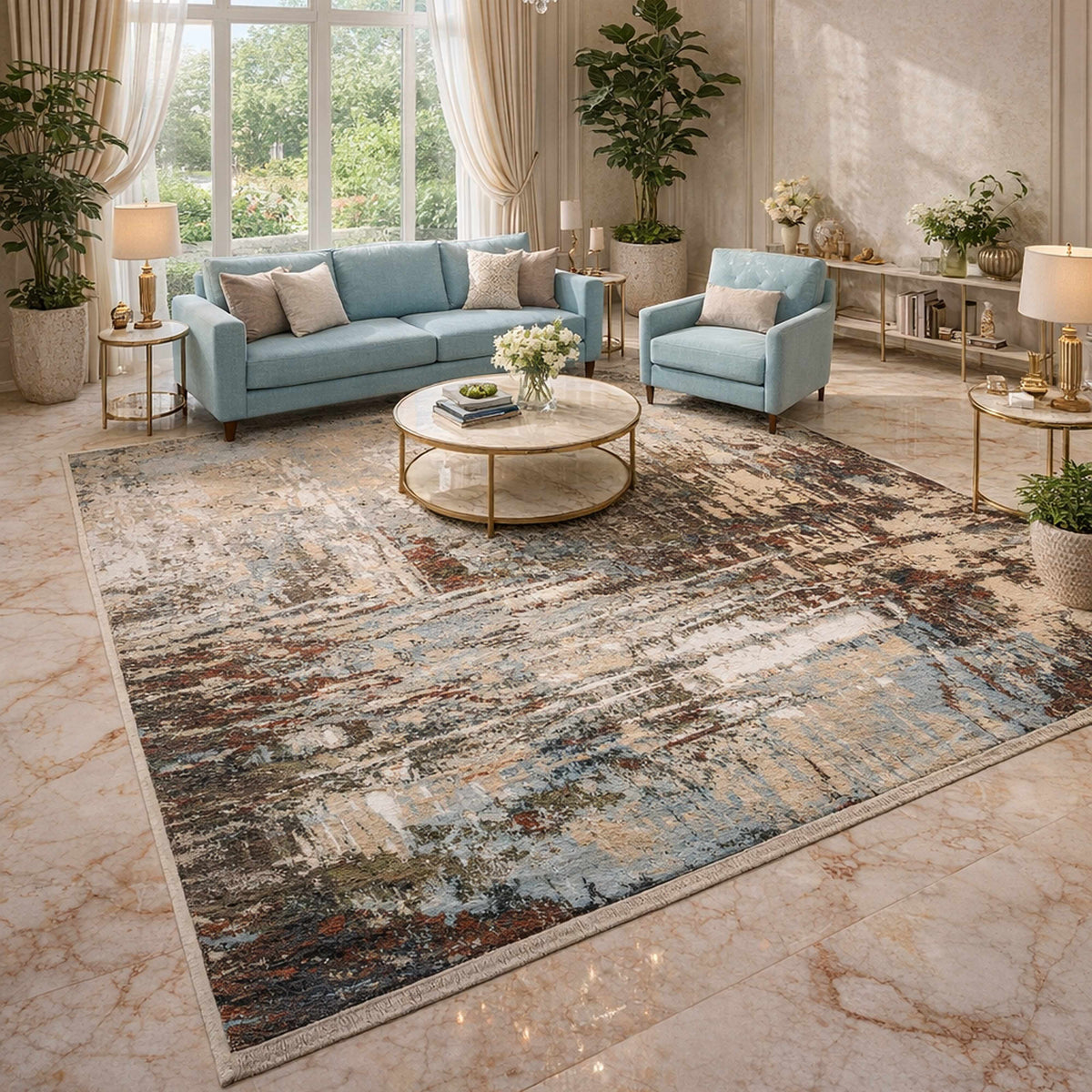Abstract area rug with beige, light blue and rust distressed lines; textured pile.