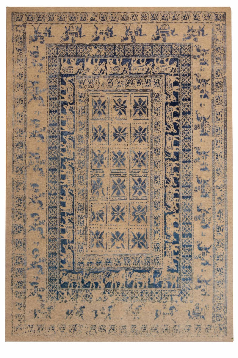Decorative rug with intricate patterns on a beige background