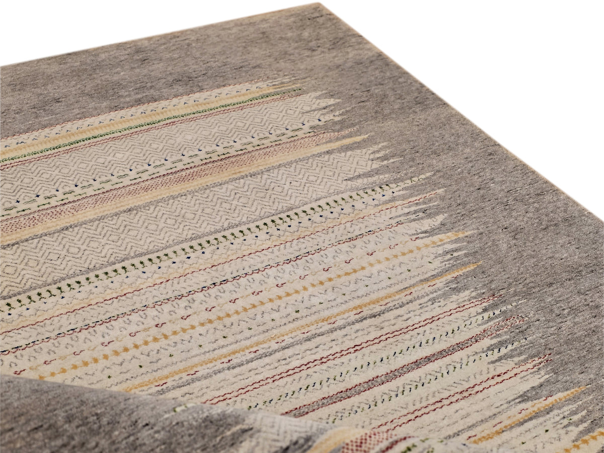 Grey Loribaft rug with horizontal multicolor stripe bands and textured weave