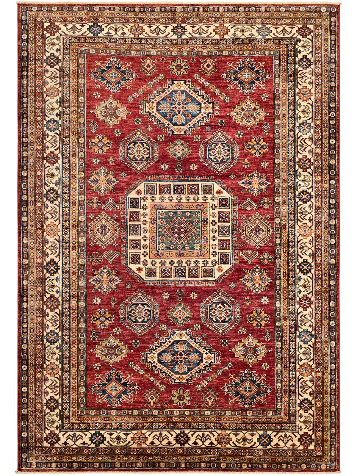 Red rug with symmetrical medallion layout, cream framing, and dark blue details