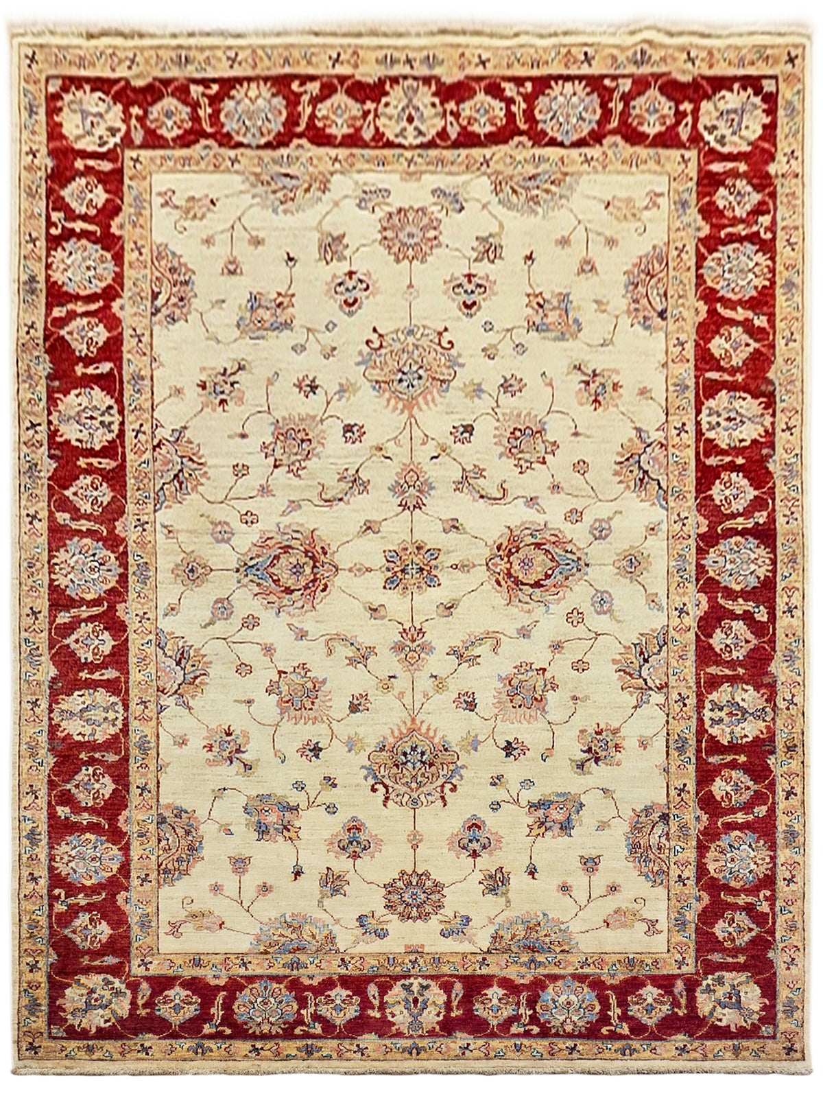 Traditional rug full view with cream center medallion and deep red ornate frame