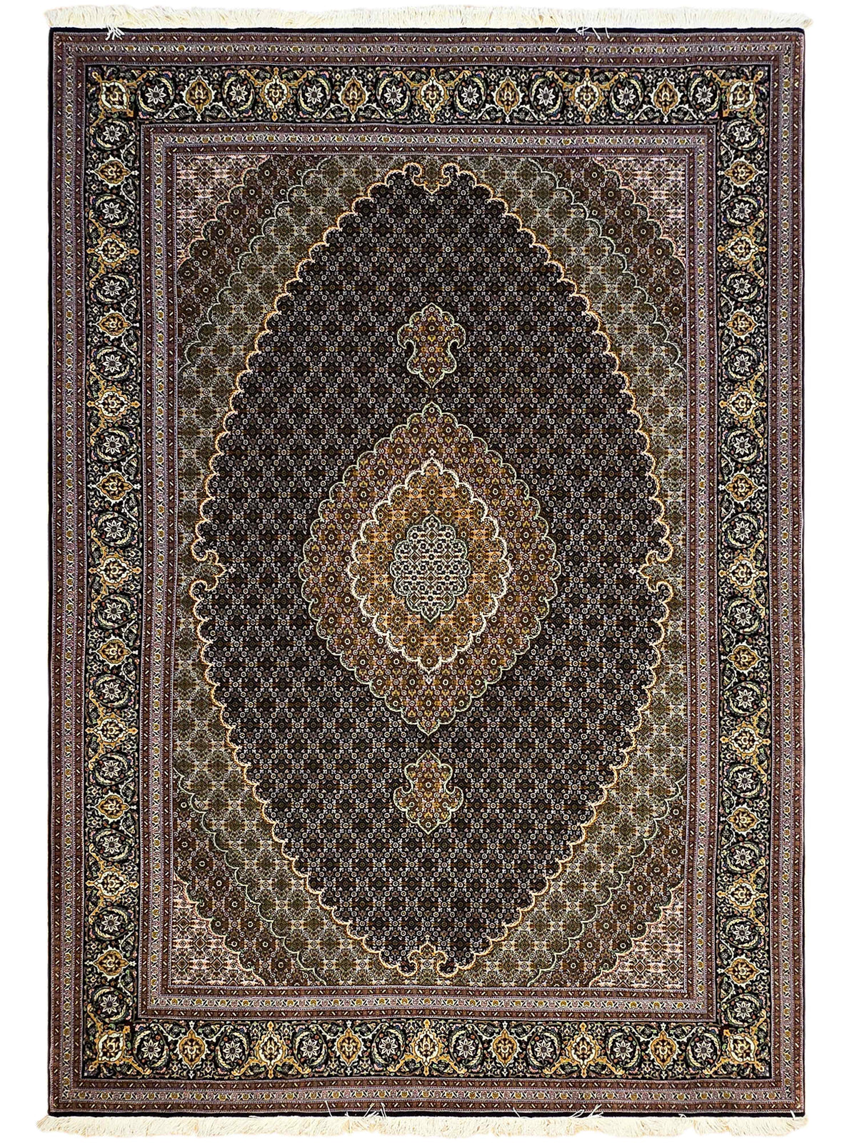 Dark Tabriz-style rug with gold and cream medallions and ornate border