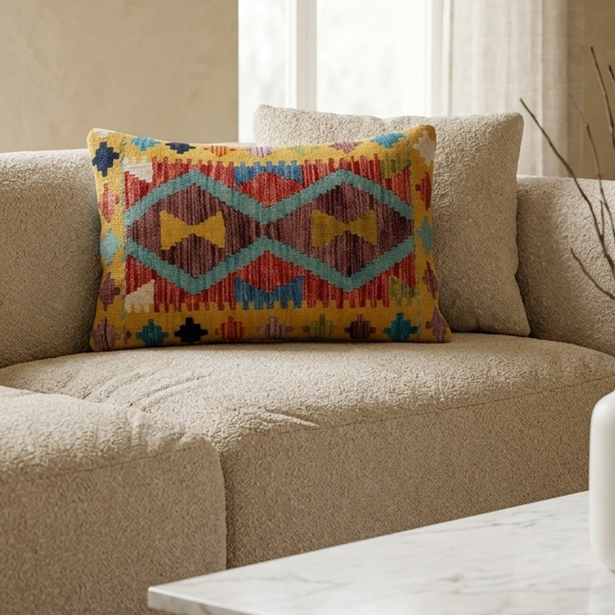 Yellow kilim cushion cover with a colorful geometric pattern on a sofa
