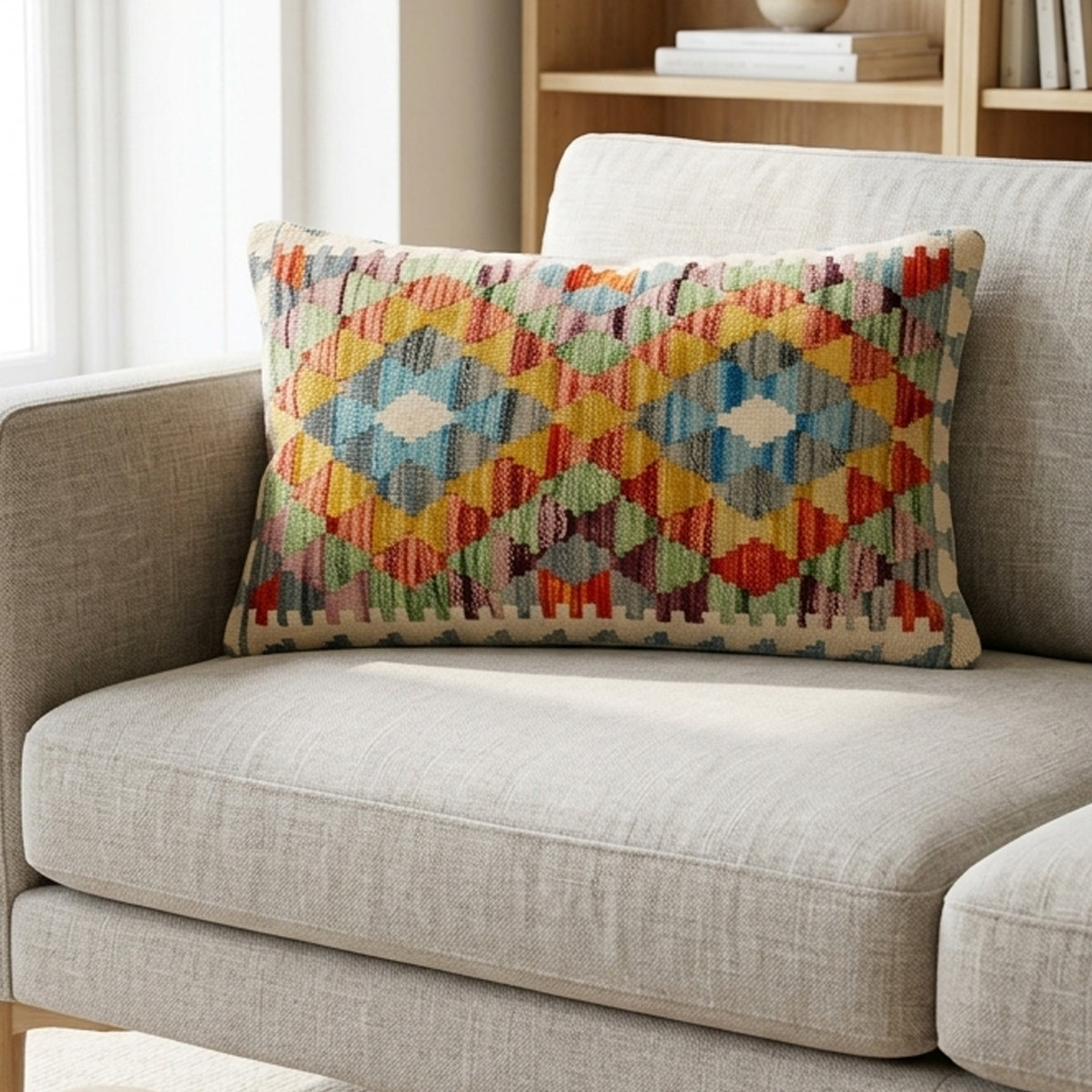 Multicolor kilim-pattern cushion cover with geometric diamond motifs