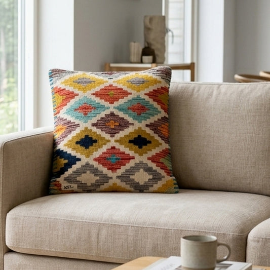 Yellow kilim cushion cover with geometric diamond pattern, 35x55 cm