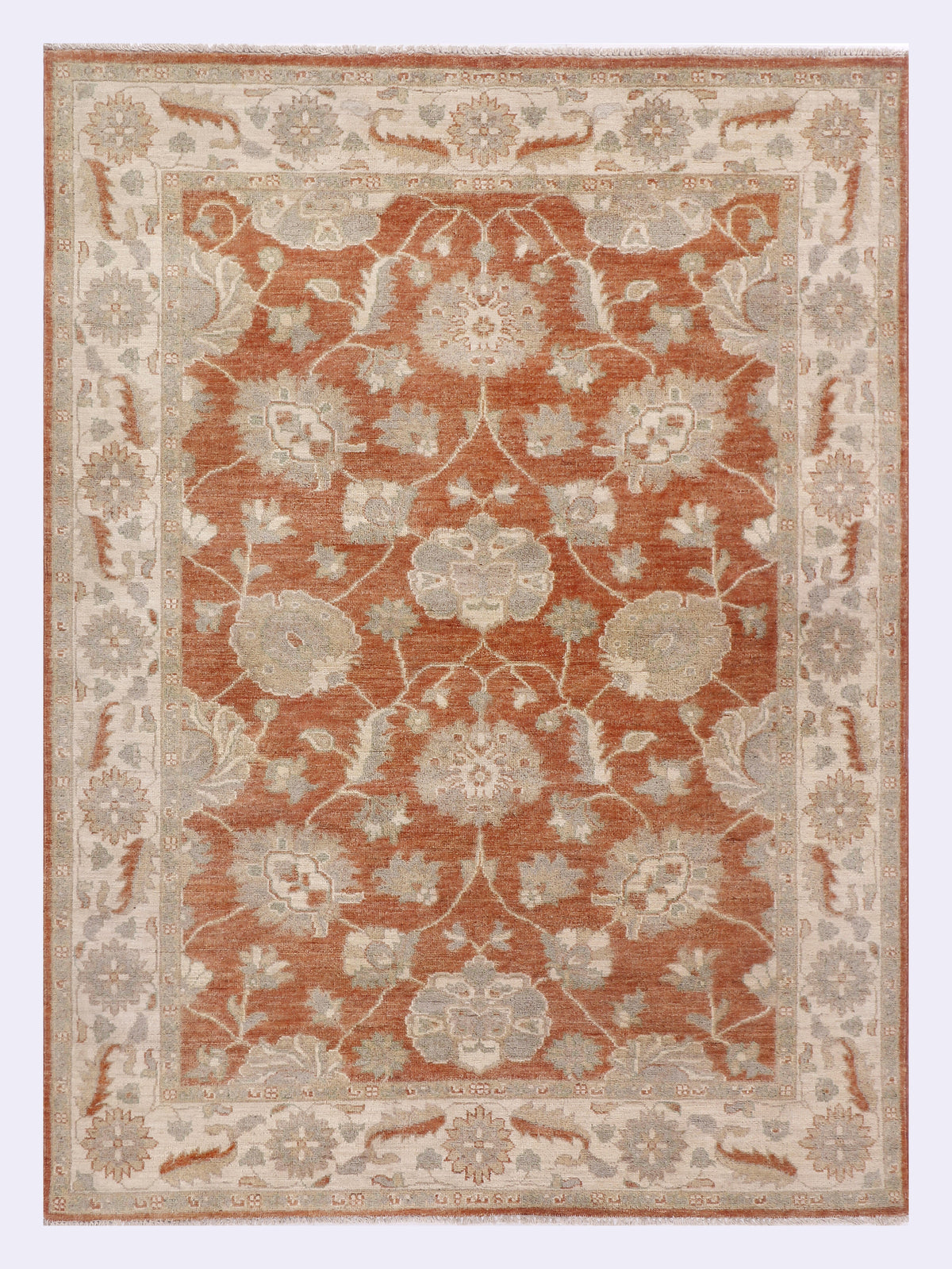 Terracotta and beige patterned area rug, rectangular with ornate floral motif