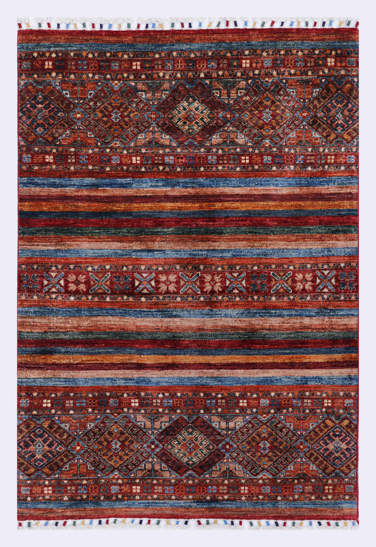Geometric rug 153x100 cm in red and blue with repeating borders and striped bands