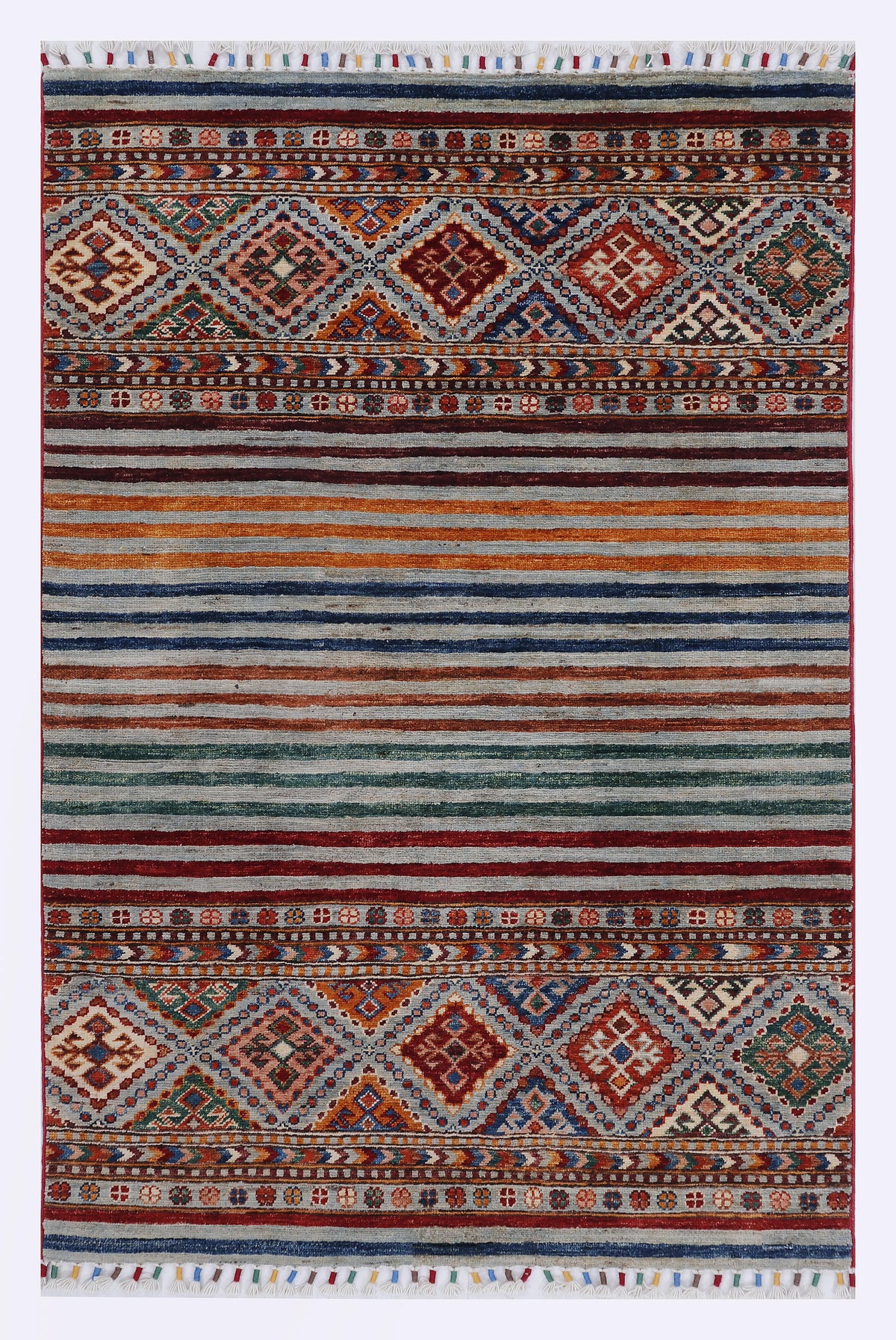 Beige geometric area rug with diamond medallions and border stripes, fringed ends