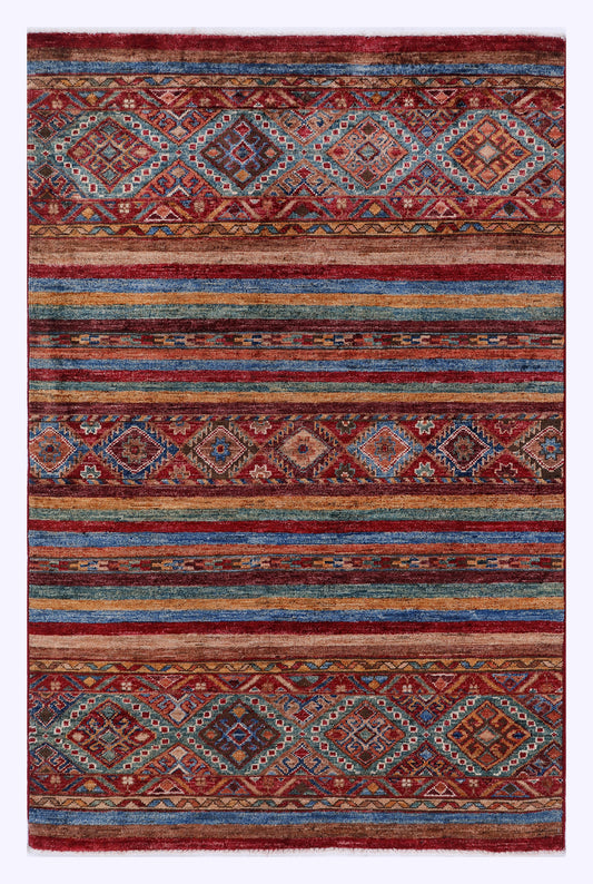 Red wool rug 140x91 cm with geometric diamond and stripe pattern