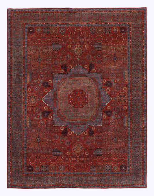 Traditional wool rug with red field, central medallion, and ornate border pattern