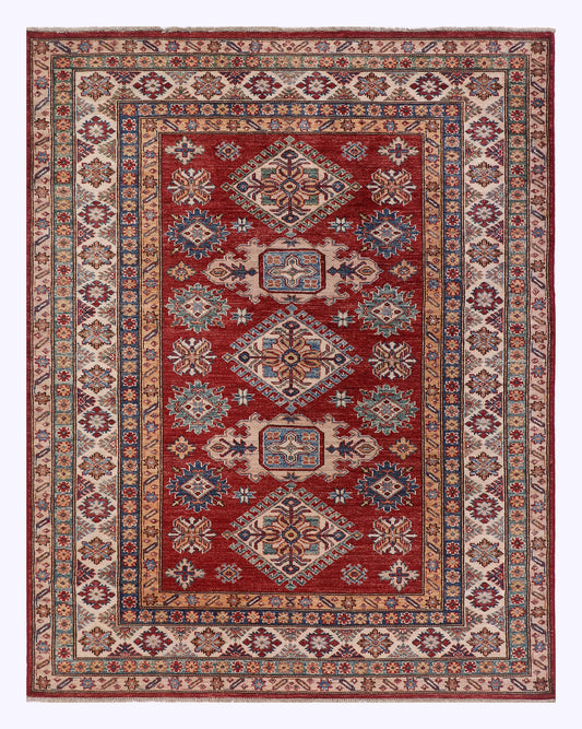 Super Kazak red rug 198x155 cm, red center medallion with blue and cream border