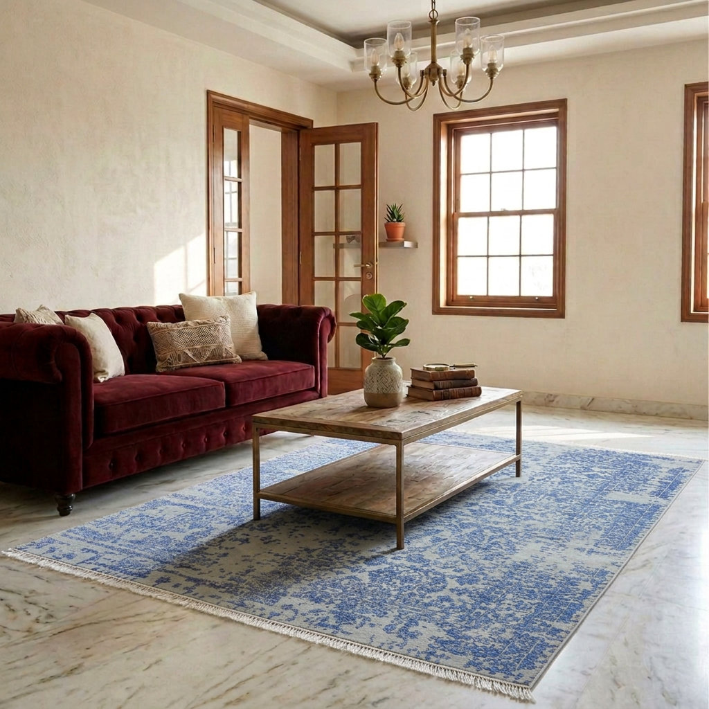 Rectangular blue mist rug with distressed pattern and short fringed border on the floor.