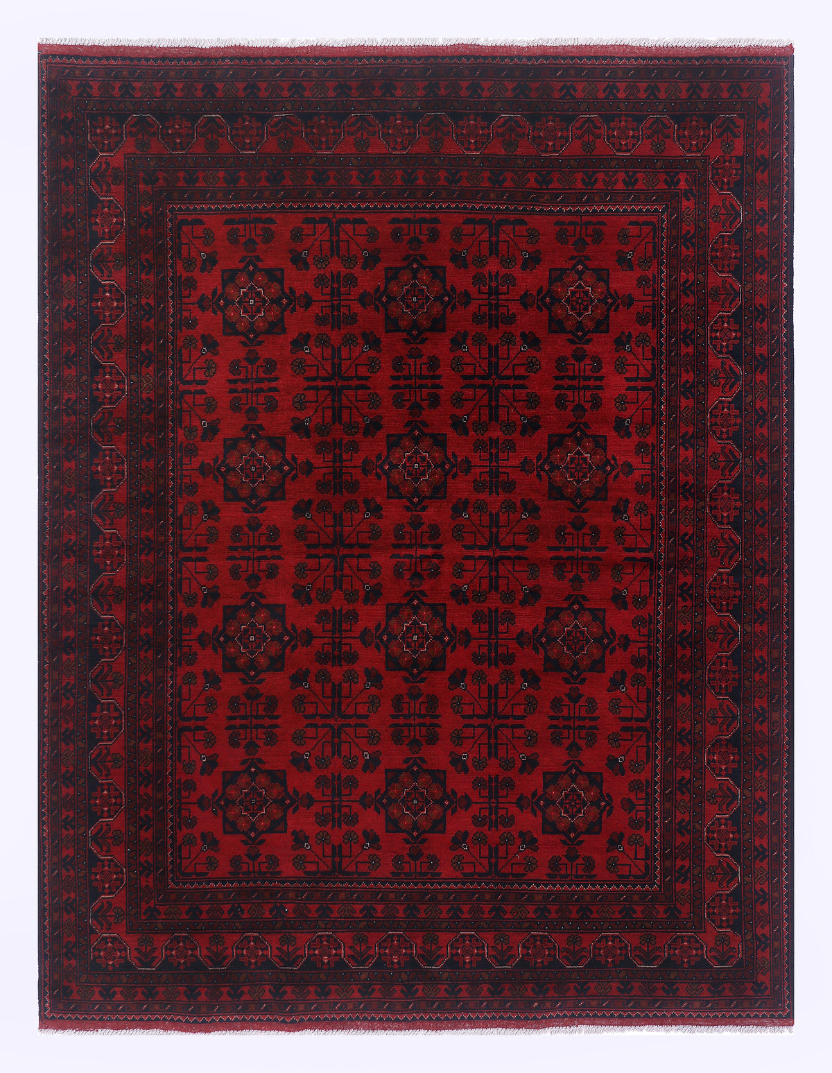 Red area rug, 228x173 cm, dark geometric medallion and patterned border