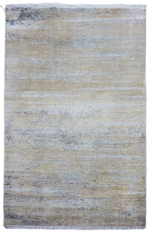 Light blue and cream textured rectangular rug with short fringe on all edges.