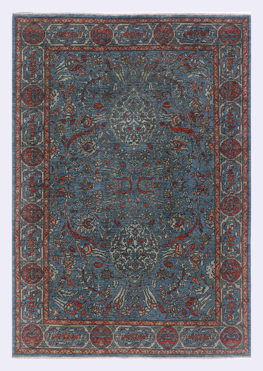 Blue oriental rug with ornate medallion pattern, 270x186 cm, rectangular