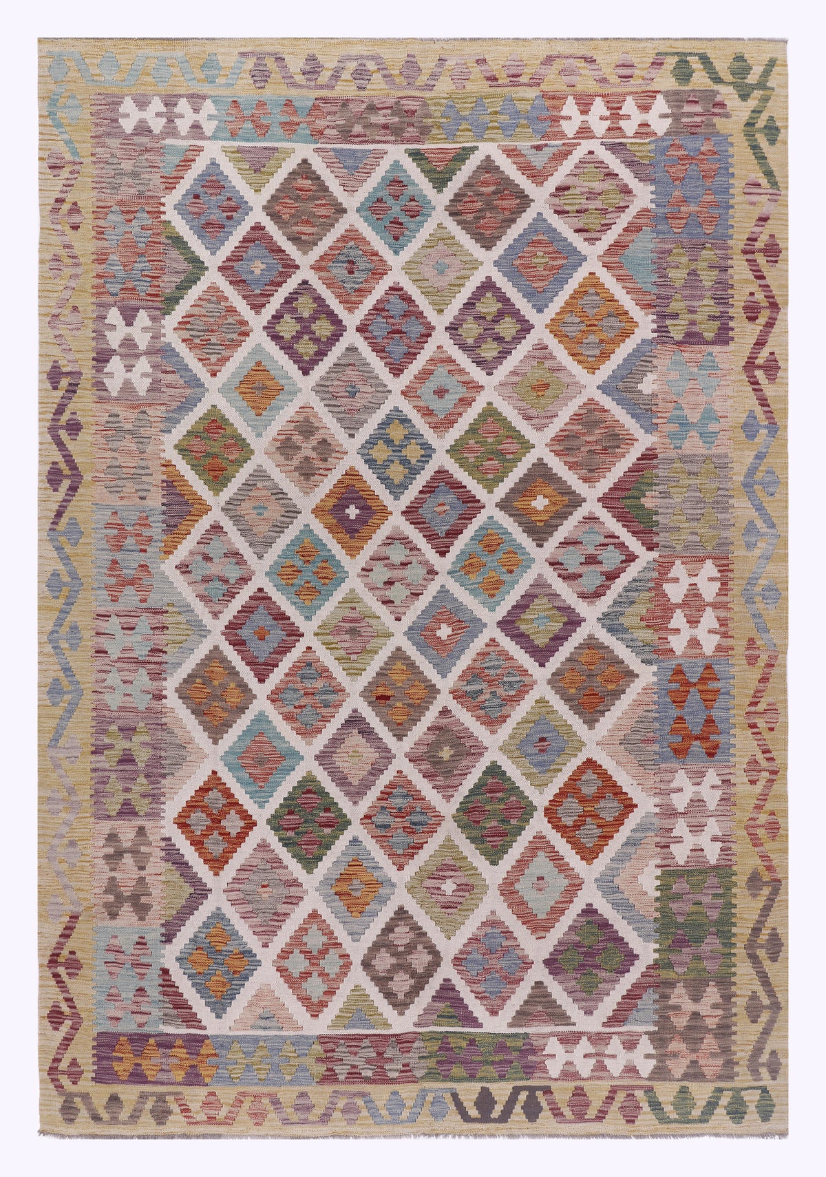 Kilim Maimana beige rug, 295x201 cm, colorful diamond geometric pattern