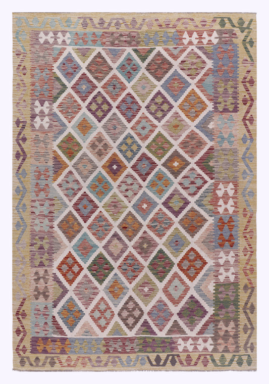 Kilim Maimana beige rug, 295x201 cm, colorful diamond geometric pattern