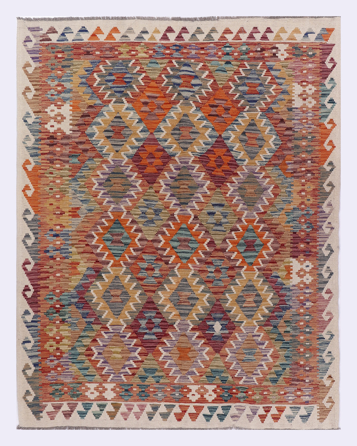 Beige kilim rug, 204x160 cm, geometric multicolor pattern with border.